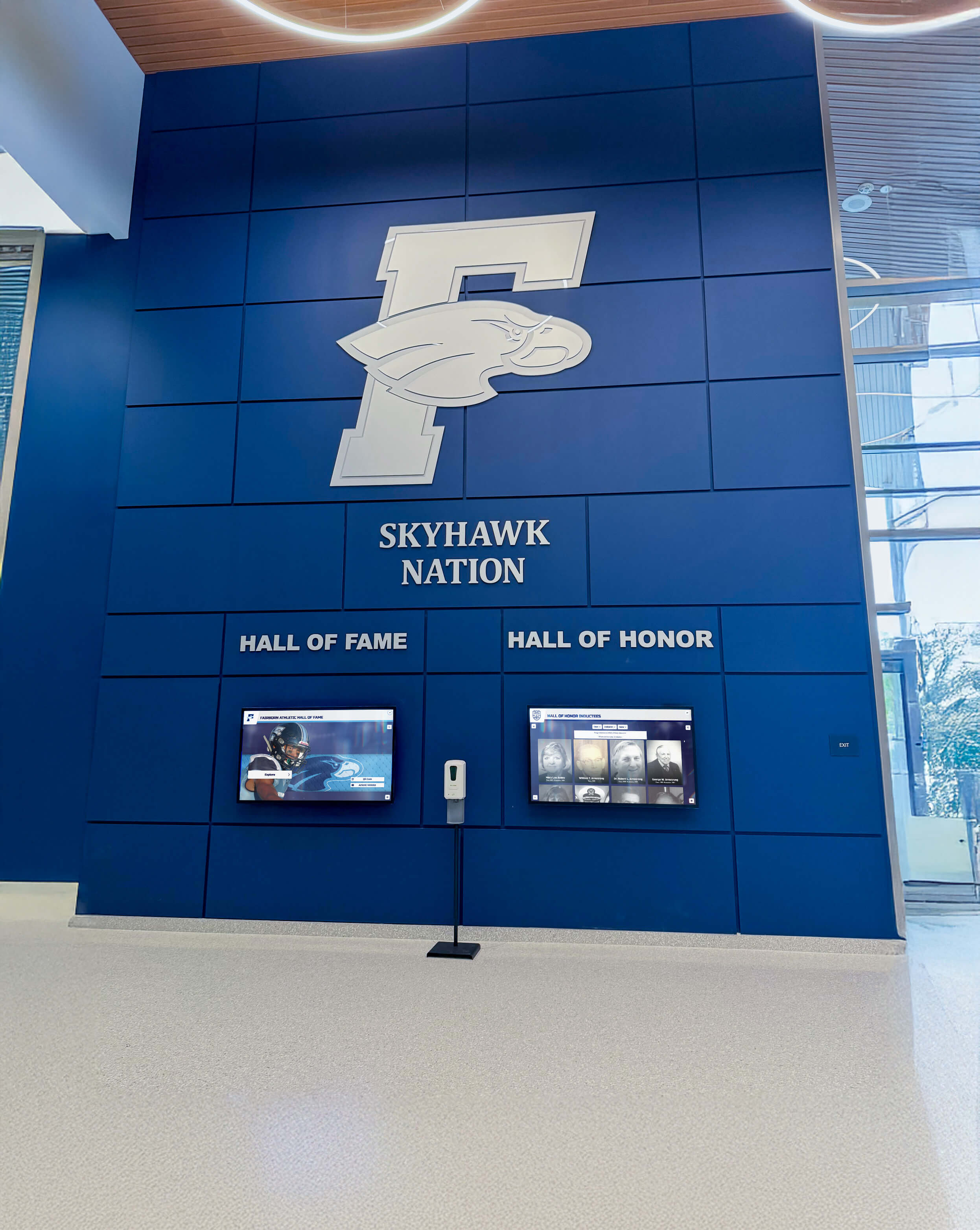 School digital display showcasing community recognition
