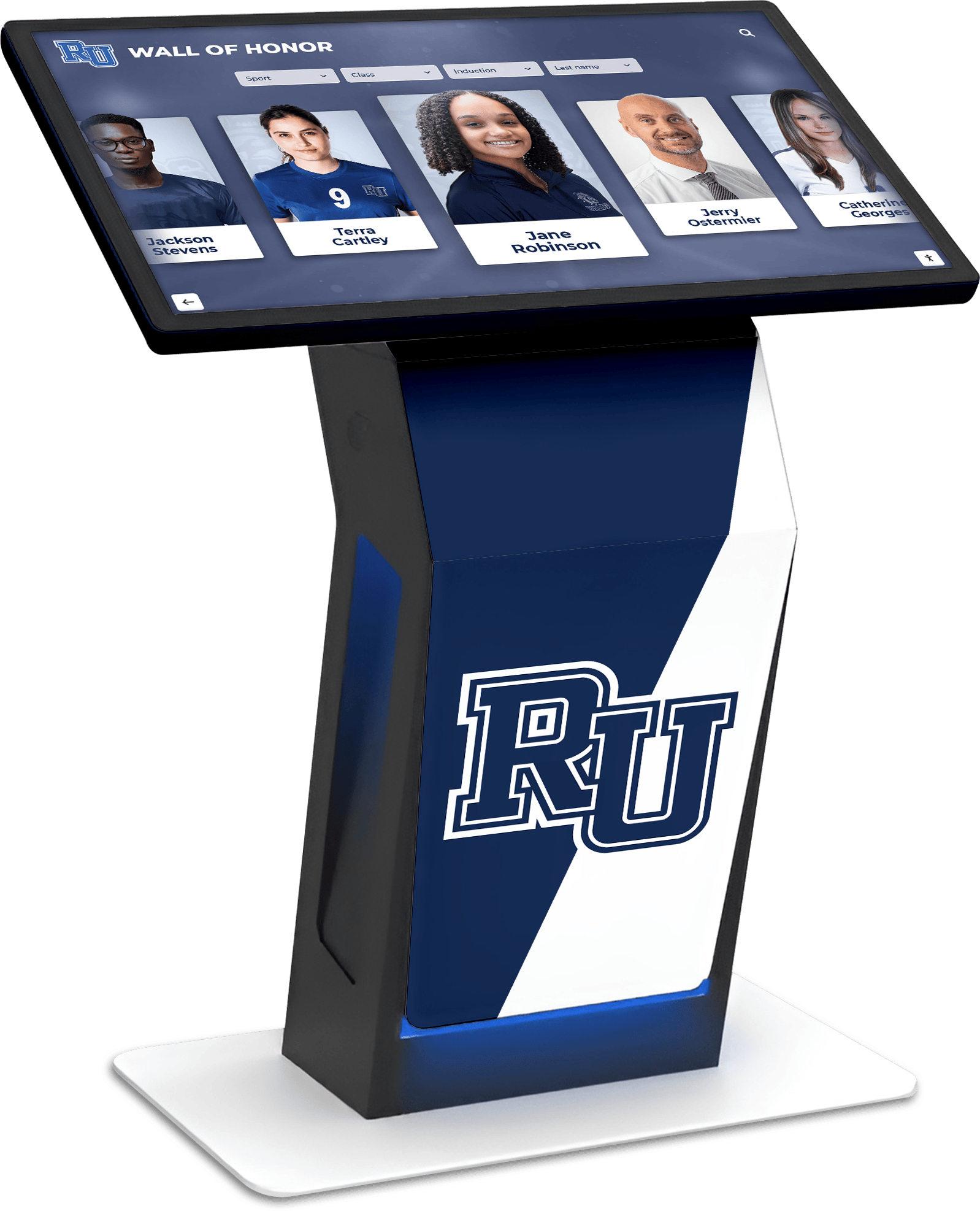 Freestanding digital trophy case kiosk in school hallway