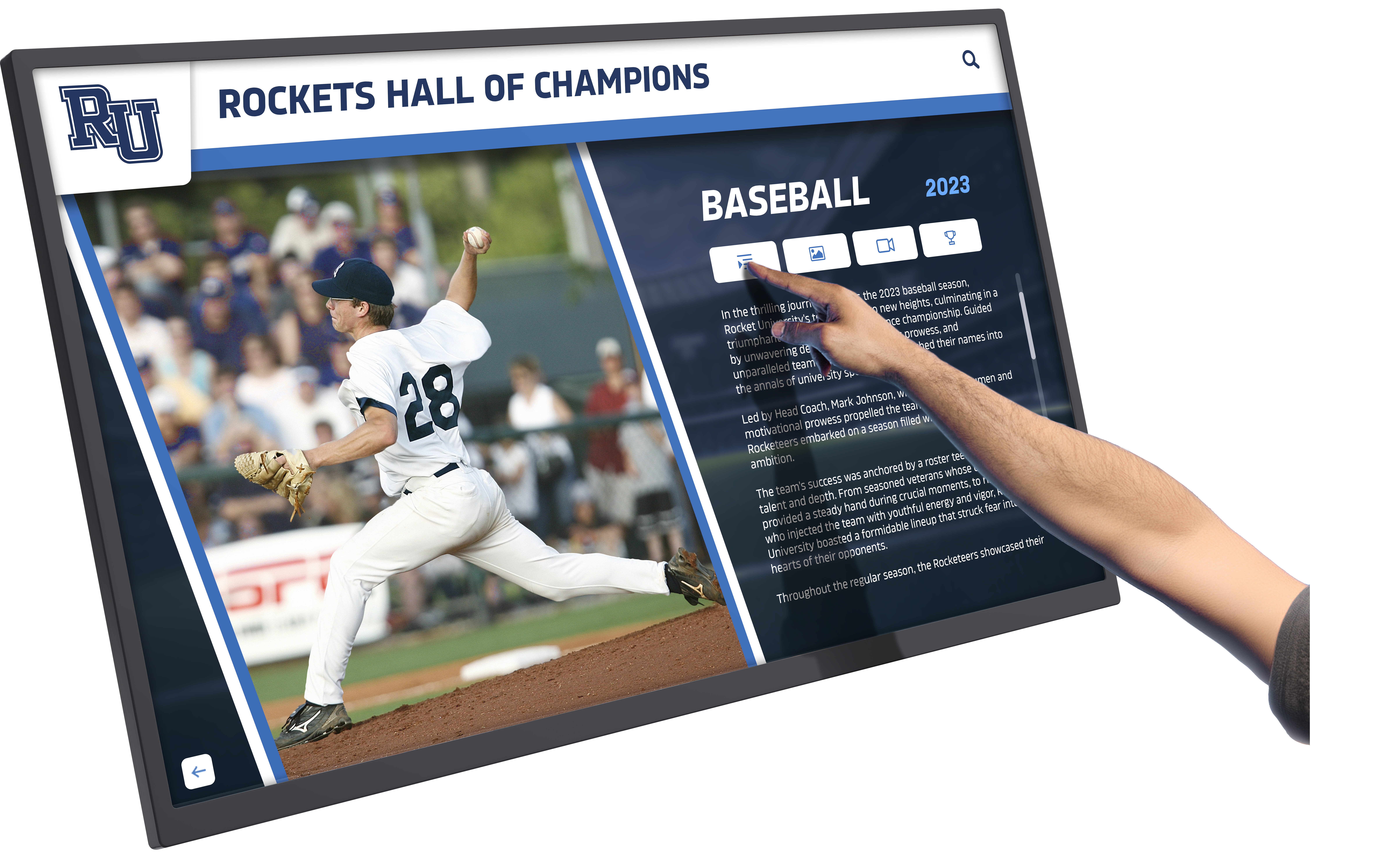 Interactive touchscreen displaying comprehensive athletic achievement statistics