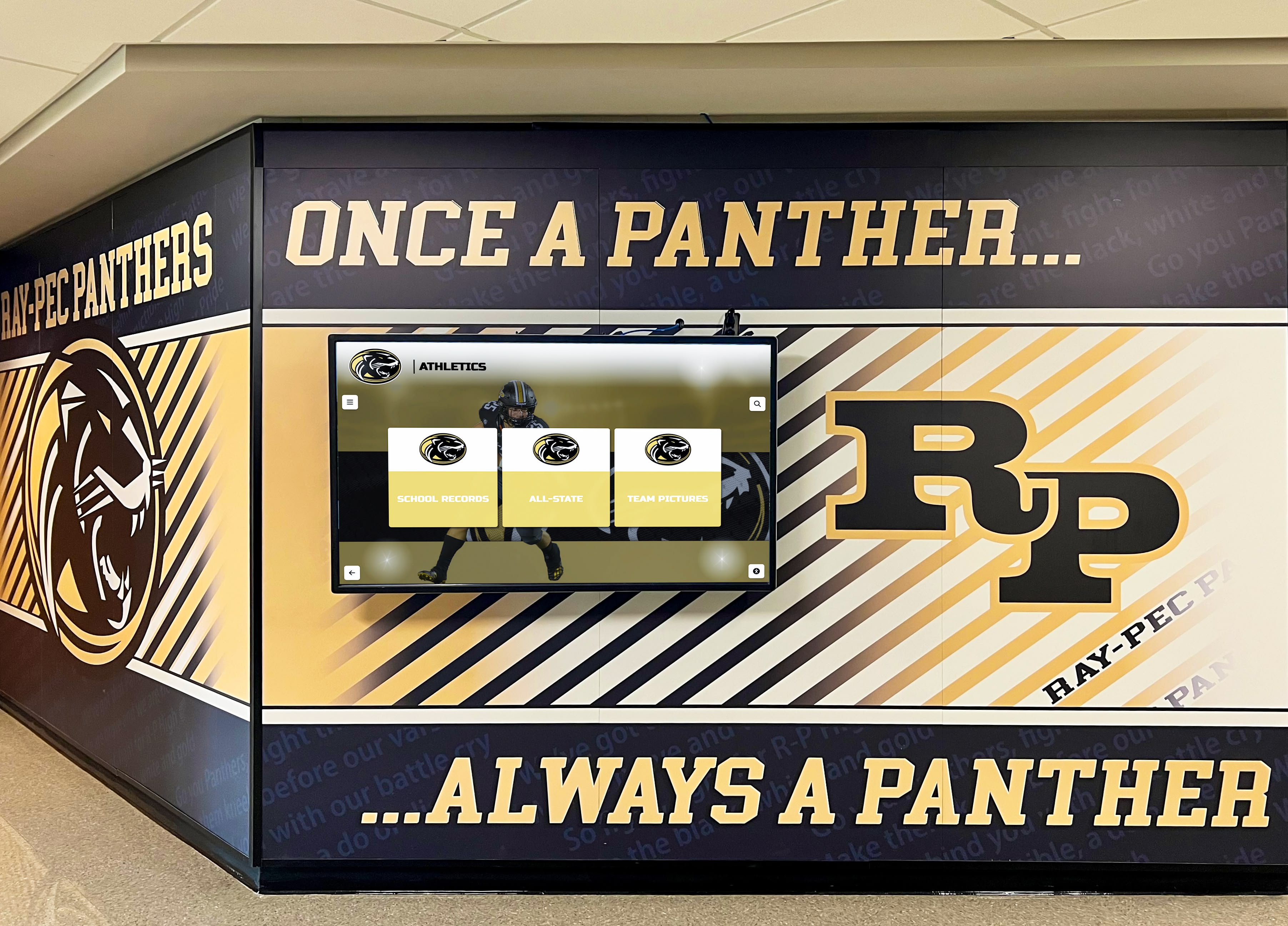 Strategically placed digital record board in high school gym lobby
