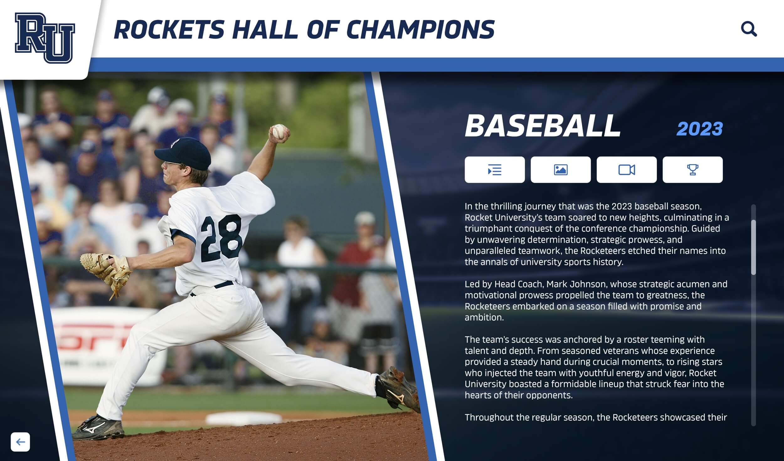 Example alumni profile layout showing biographical information and achievements