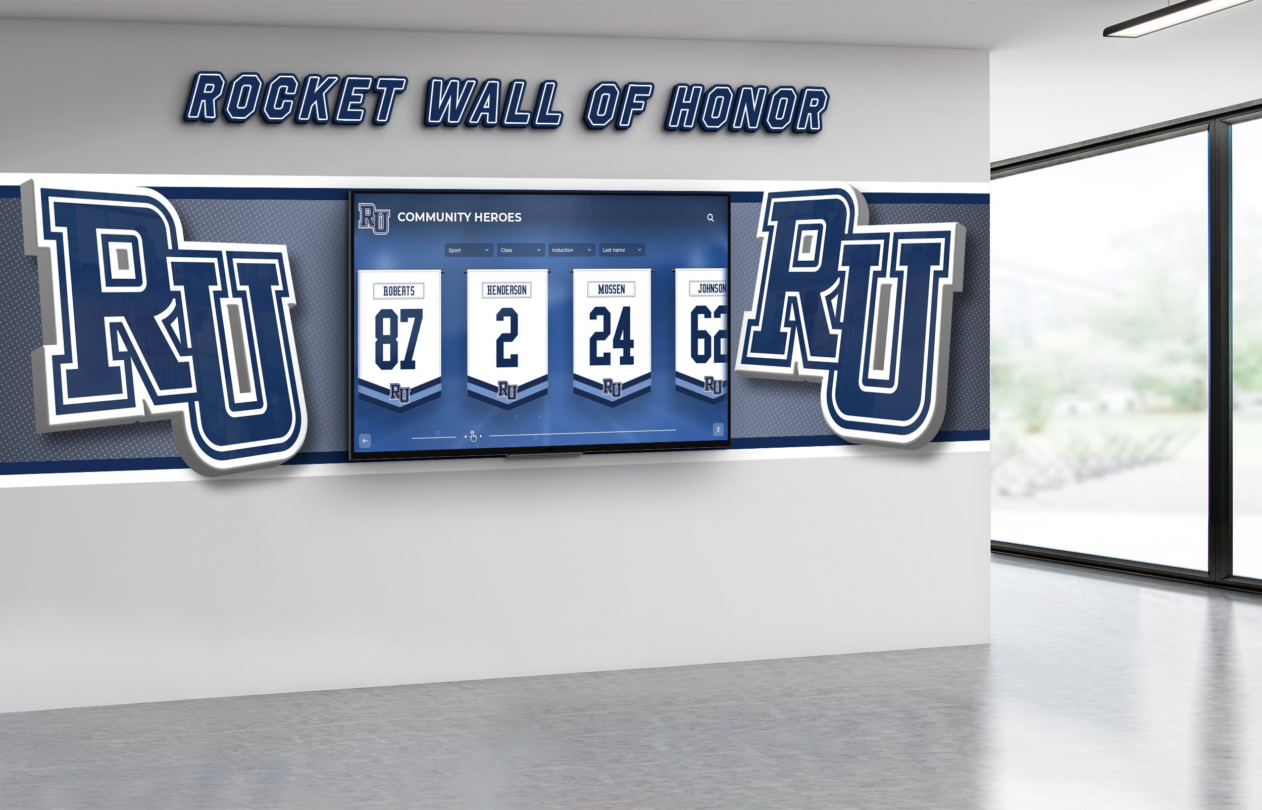 Digital Wall of Honor with jersey displays in lobby