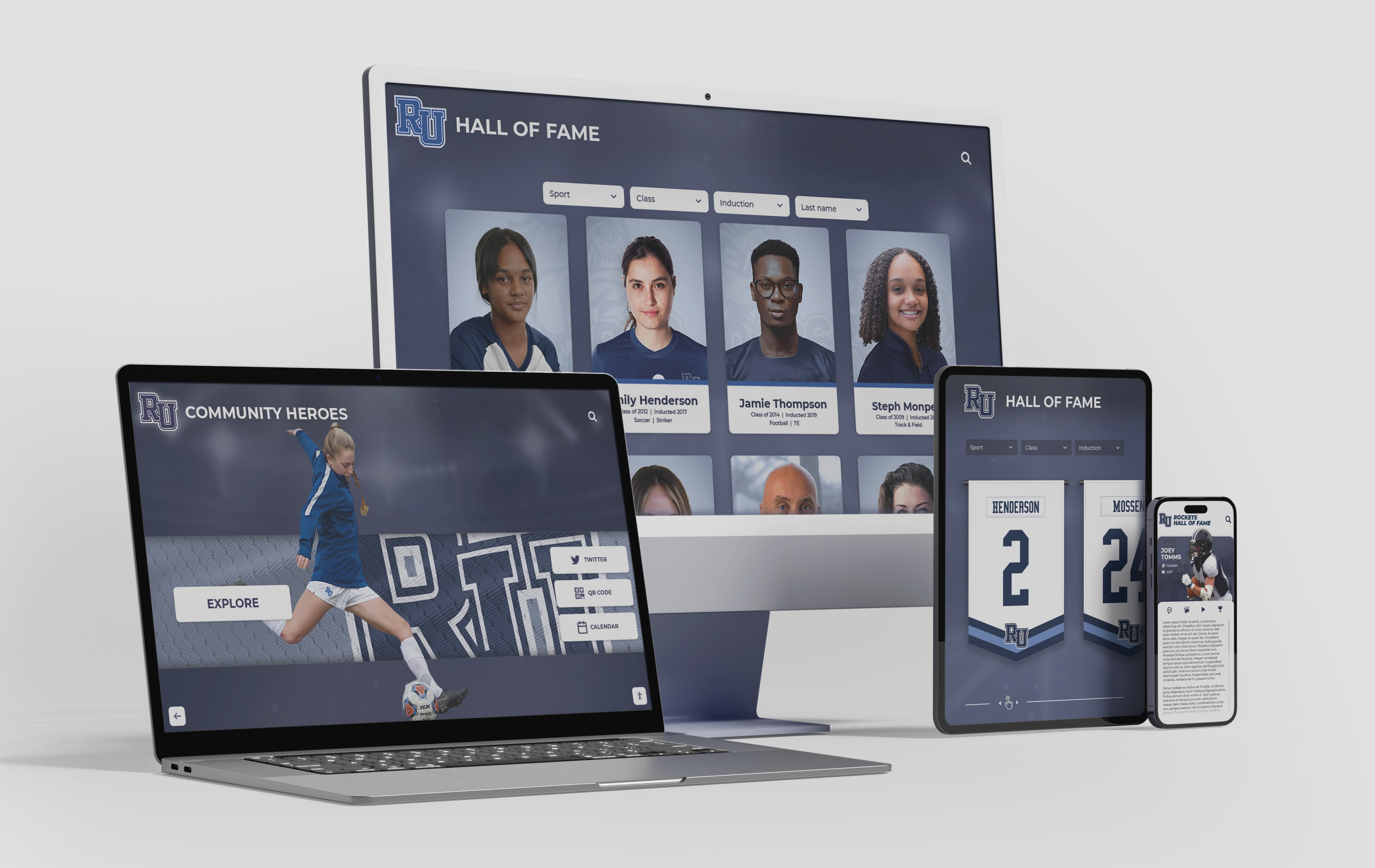 University hall of fame website mockup showing athlete profiles across multiple devices